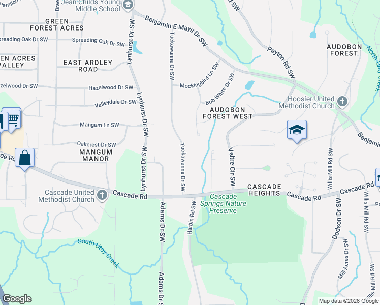 map of restaurants, bars, coffee shops, grocery stores, and more near 1196 Tuckawanna Drive Southwest in Atlanta
