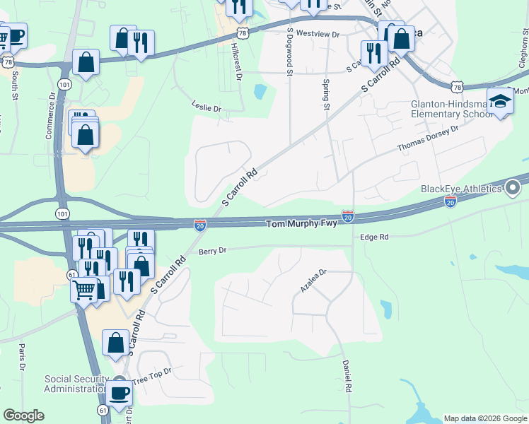 map of restaurants, bars, coffee shops, grocery stores, and more near 468 Thomas Dorsey Drive in Villa Rica