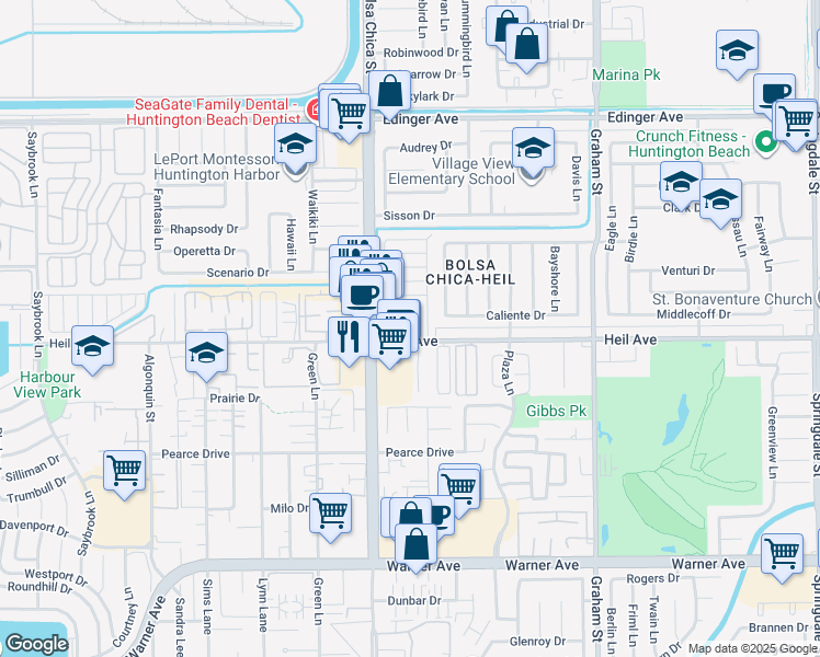 map of restaurants, bars, coffee shops, grocery stores, and more near 16444 Bolsa Chica Street in Huntington Beach
