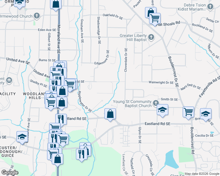 map of restaurants, bars, coffee shops, grocery stores, and more near 1435 Skyhaven Road Southeast in Atlanta
