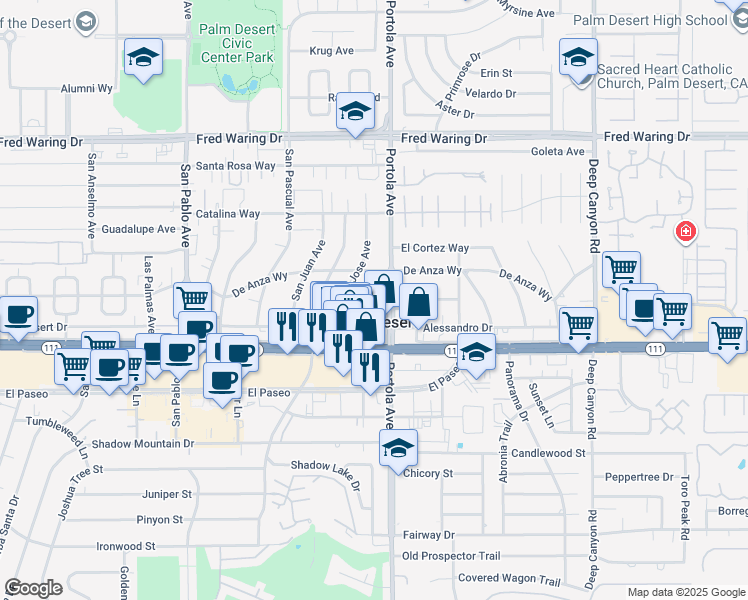 map of restaurants, bars, coffee shops, grocery stores, and more near 44768 San Jacinto Avenue in Palm Desert