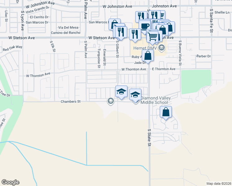 map of restaurants, bars, coffee shops, grocery stores, and more near 1446 Martinique Drive in Hemet