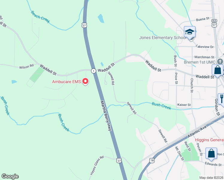 map of restaurants, bars, coffee shops, grocery stores, and more near 396 Sewell Road in Bremen