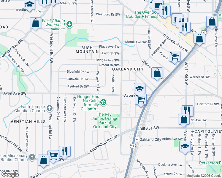 map of restaurants, bars, coffee shops, grocery stores, and more near 1171 Indale Place Southwest in Atlanta