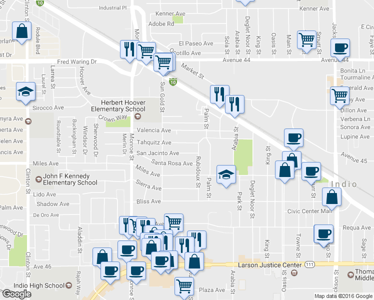 map of restaurants, bars, coffee shops, grocery stores, and more near 82324 San Jacinto Avenue in Indio