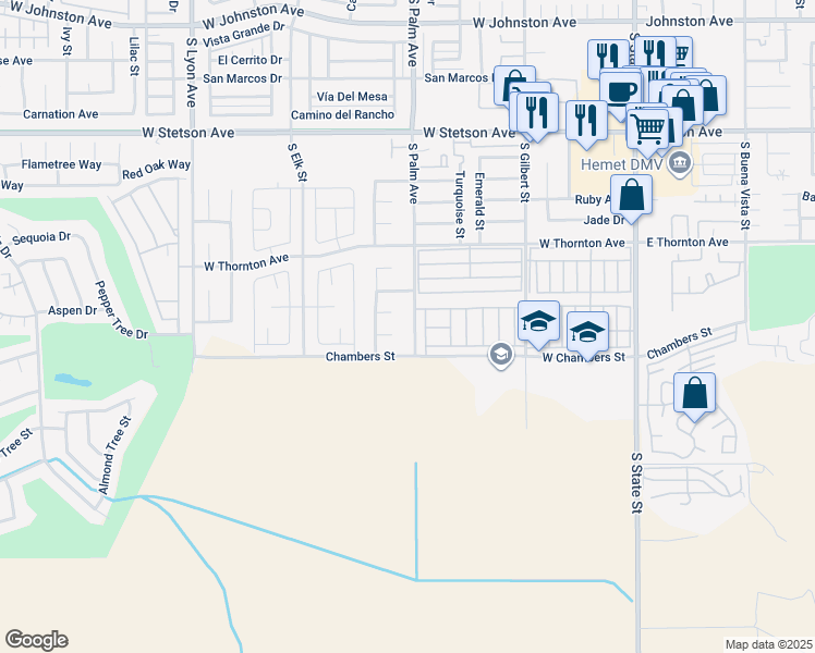 map of restaurants, bars, coffee shops, grocery stores, and more near 1453 South Palm Avenue in Hemet