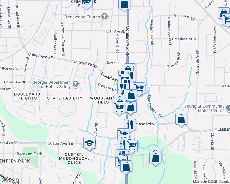 map of restaurants, bars, coffee shops, grocery stores, and more near 1121 Shelby Place Southeast in Atlanta