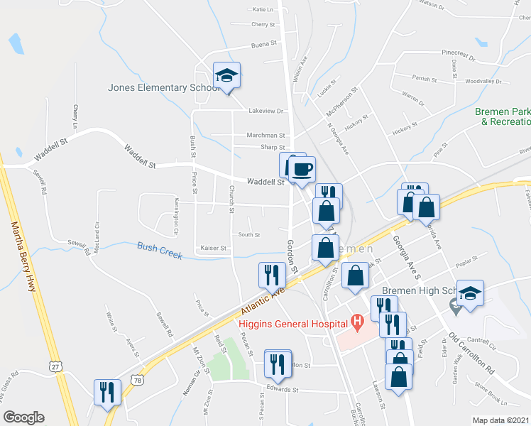 map of restaurants, bars, coffee shops, grocery stores, and more near 239 Bryan Drive in Bremen