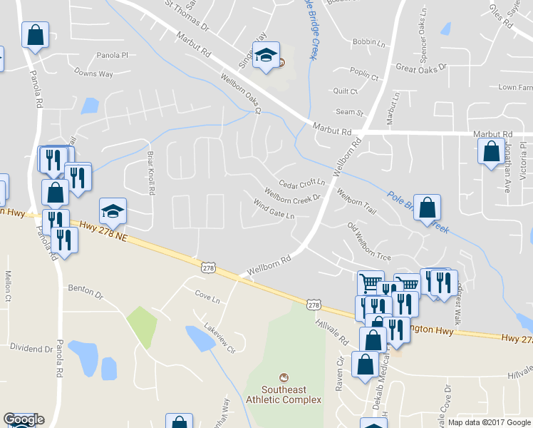 map of restaurants, bars, coffee shops, grocery stores, and more near 5745 Wind Gate Lane in Lithonia