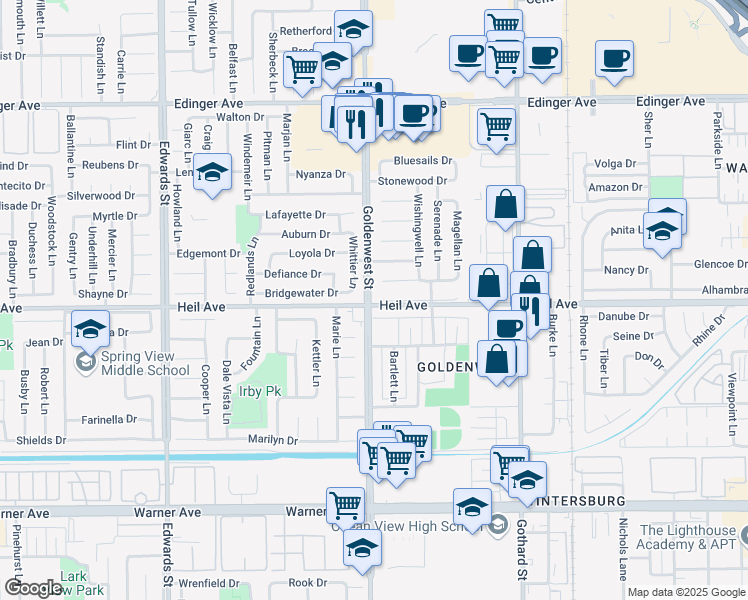 map of restaurants, bars, coffee shops, grocery stores, and more near 7001 Heil Avenue in Huntington Beach