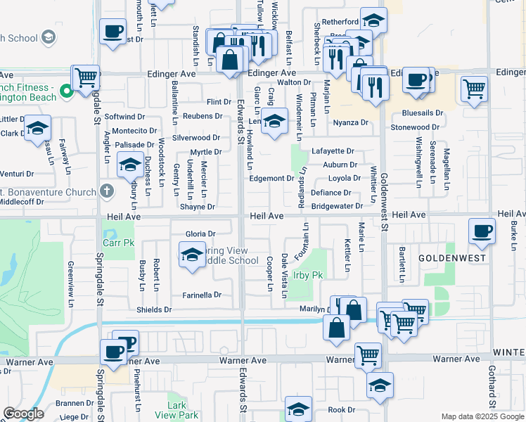 map of restaurants, bars, coffee shops, grocery stores, and more near 6572 Oakgrove Circle in Huntington Beach