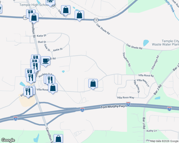 map of restaurants, bars, coffee shops, grocery stores, and more near 126 Breckenridge Pointe in Temple