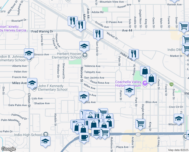 map of restaurants, bars, coffee shops, grocery stores, and more near 82108 San Jacinto Avenue in Indio