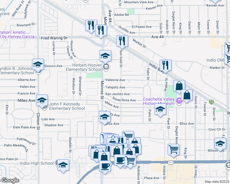 map of restaurants, bars, coffee shops, grocery stores, and more near 82108 San Jacinto Avenue in Indio