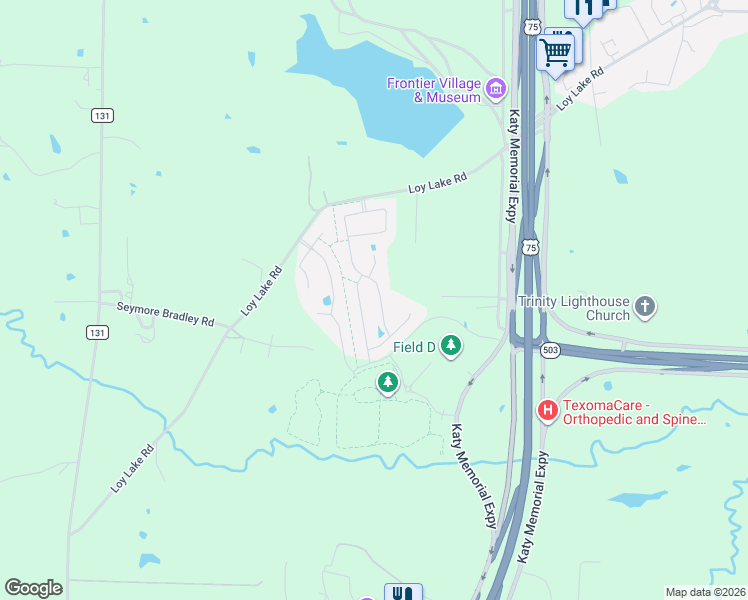 map of restaurants, bars, coffee shops, grocery stores, and more near 3818 Iron Ore Drive in Denison