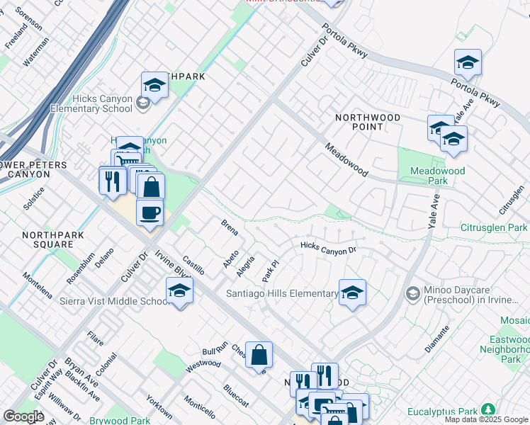 map of restaurants, bars, coffee shops, grocery stores, and more near 32 Canyonwood in Irvine