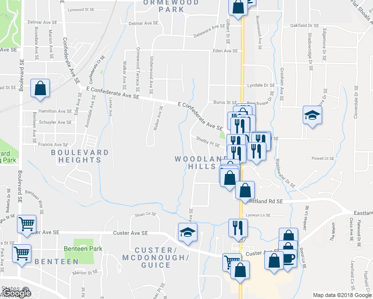 map of restaurants, bars, coffee shops, grocery stores, and more near 1149 Woodland Avenue Southeast in Atlanta