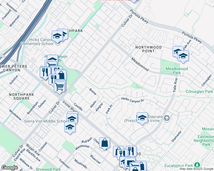 map of restaurants, bars, coffee shops, grocery stores, and more near 32 Canyonwood in Irvine