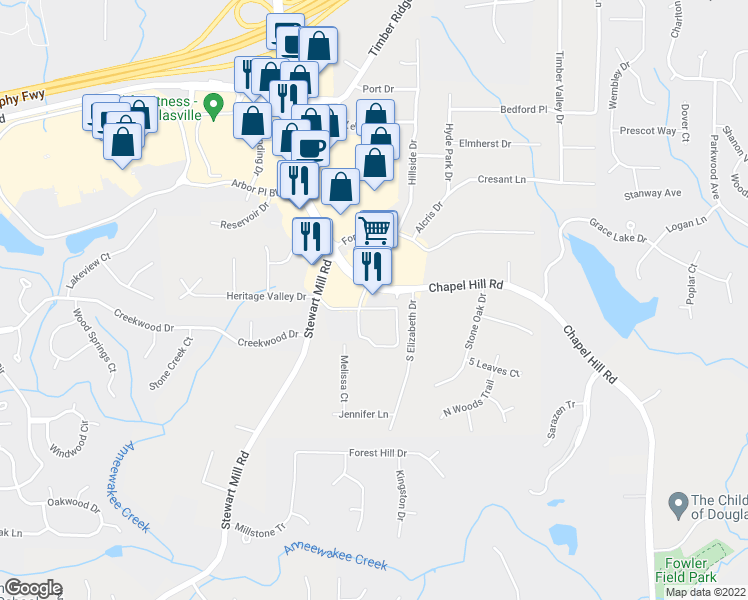 map of restaurants, bars, coffee shops, grocery stores, and more near 2987 Chapel Hill Road in Douglasville