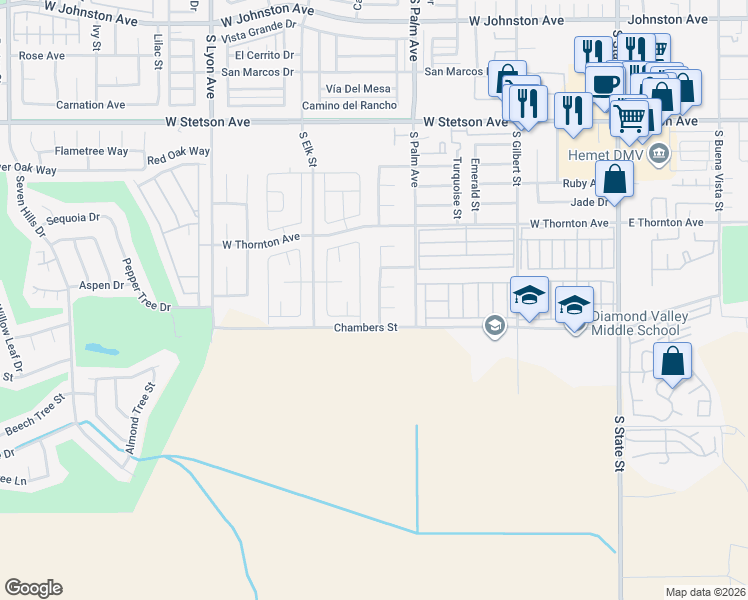 map of restaurants, bars, coffee shops, grocery stores, and more near 1455 Slate Avenue in Hemet