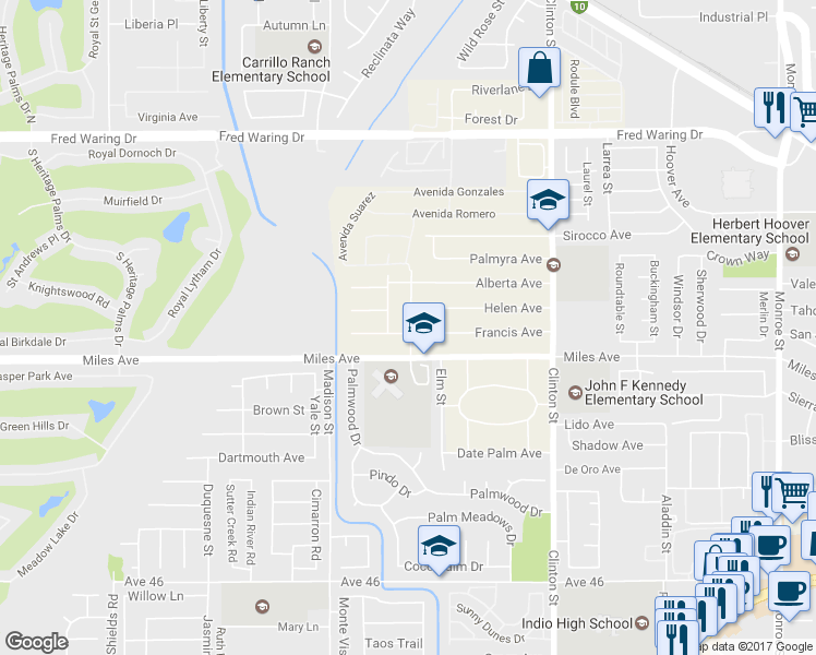 map of restaurants, bars, coffee shops, grocery stores, and more near 44921 Swingle Avenue in Indio