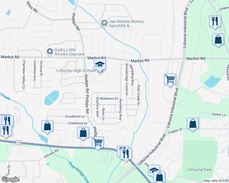 map of restaurants, bars, coffee shops, grocery stores, and more near 2221 Rambling Way in Lithonia