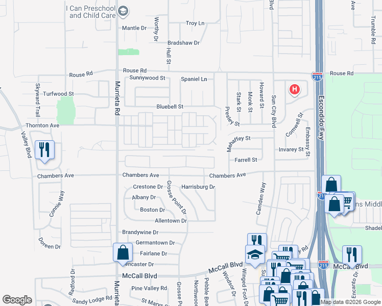 map of restaurants, bars, coffee shops, grocery stores, and more near 26304 Leos Trail in Menifee
