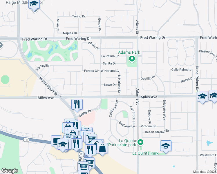 map of restaurants, bars, coffee shops, grocery stores, and more near 78775 Lowe Drive in La Quinta
