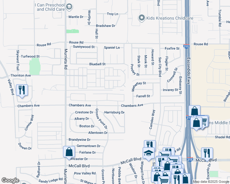 map of restaurants, bars, coffee shops, grocery stores, and more near 26344 Leos Trail in Menifee