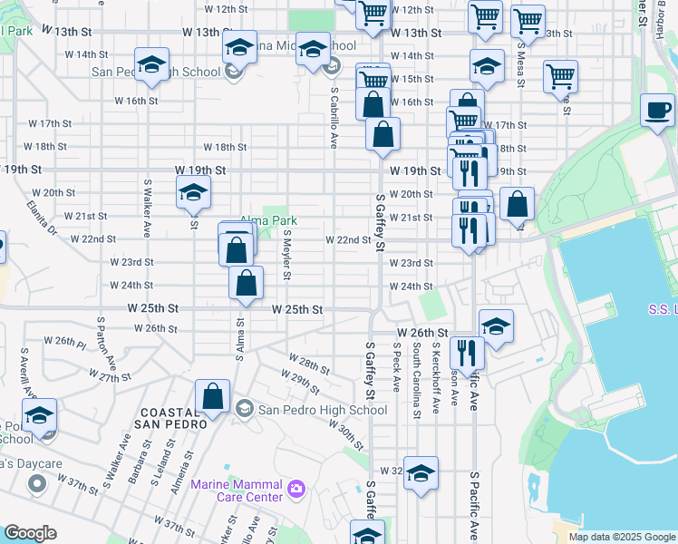 map of restaurants, bars, coffee shops, grocery stores, and more near 2312 South Cabrillo Avenue in Los Angeles