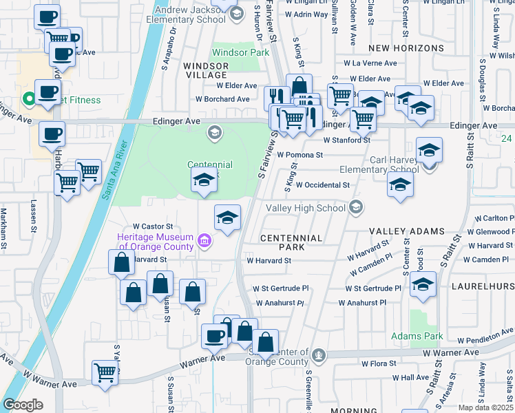 map of restaurants, bars, coffee shops, grocery stores, and more near 1809 S Fairview St in Santa Ana
