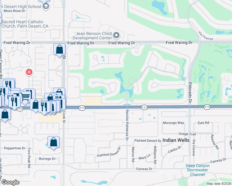 map of restaurants, bars, coffee shops, grocery stores, and more near 75437 Riviera Drive in Indian Wells