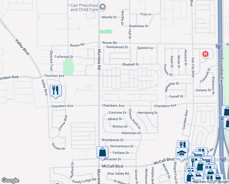 map of restaurants, bars, coffee shops, grocery stores, and more near 26112 Palm Breeze Lane in Menifee