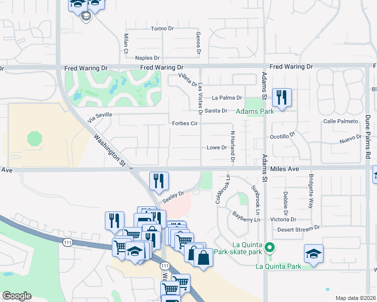 map of restaurants, bars, coffee shops, grocery stores, and more near 78645 Bradford Circle in La Quinta