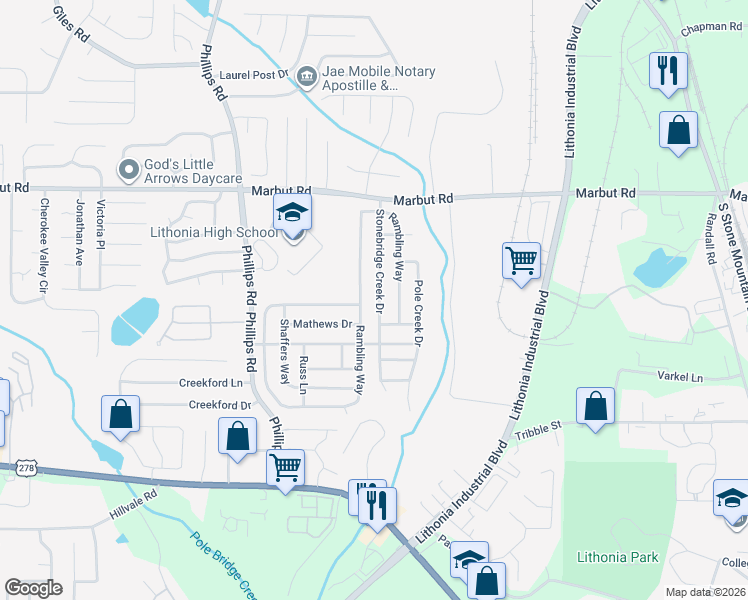 map of restaurants, bars, coffee shops, grocery stores, and more near 3021 Stonebridge Creek Drive in Lithonia