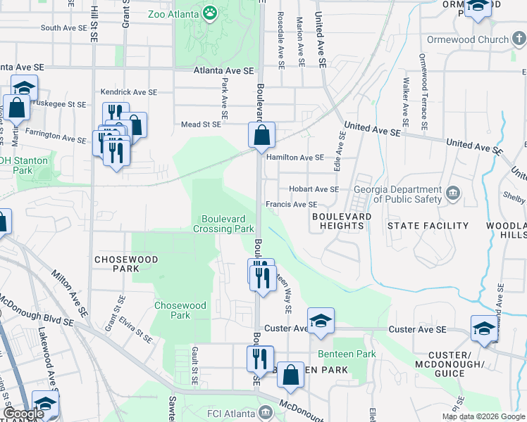 map of restaurants, bars, coffee shops, grocery stores, and more near 1168 Benteen Avenue Southeast in Atlanta