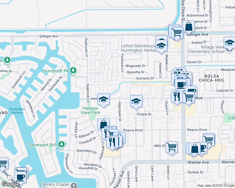 map of restaurants, bars, coffee shops, grocery stores, and more near 4430 Shorebird Street in Huntington Beach