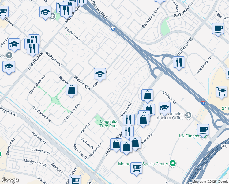 map of restaurants, bars, coffee shops, grocery stores, and more near 2162 Sweetbriar Road in Tustin
