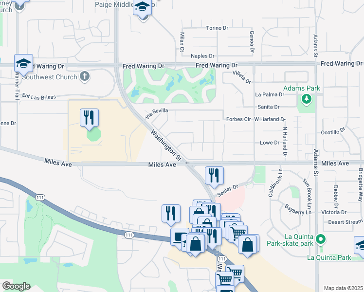 map of restaurants, bars, coffee shops, grocery stores, and more near 78365 Vía Tuscan in La Quinta