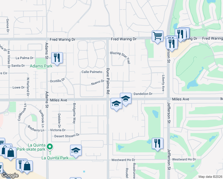 map of restaurants, bars, coffee shops, grocery stores, and more near 79521 Morning Glory Court in La Quinta