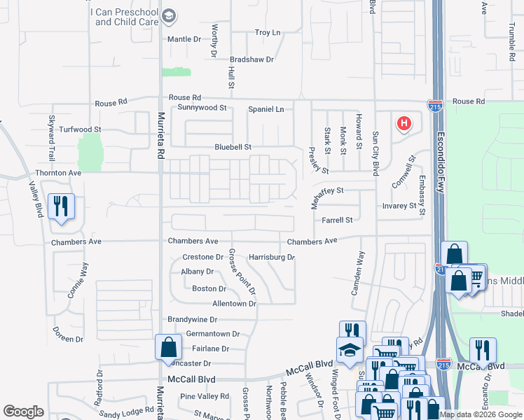 map of restaurants, bars, coffee shops, grocery stores, and more near 26304 Leos Trail in Menifee