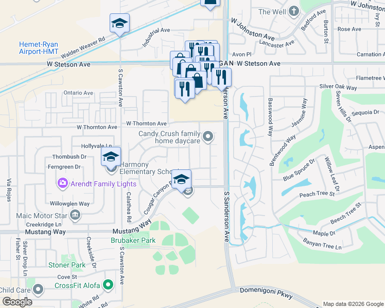 map of restaurants, bars, coffee shops, grocery stores, and more near 1436 Dusty Hill Road in Hemet