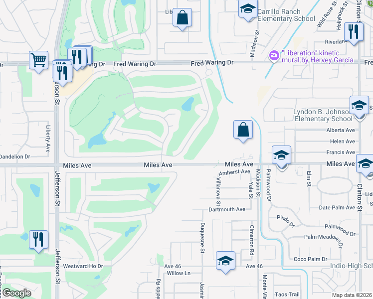 map of restaurants, bars, coffee shops, grocery stores, and more near 44402 Royal Lytham Drive in Indio