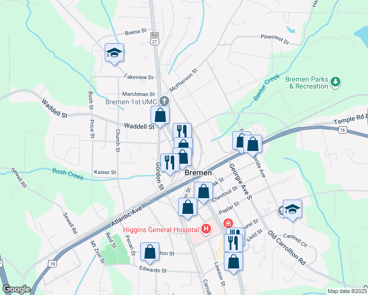 map of restaurants, bars, coffee shops, grocery stores, and more near 212 Hamilton Avenue in Bremen