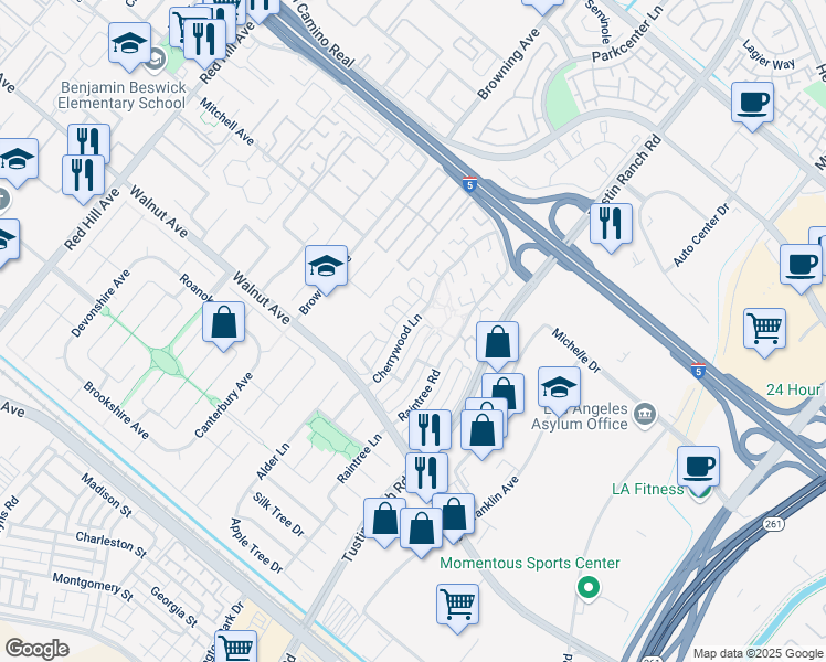 map of restaurants, bars, coffee shops, grocery stores, and more near 14312 Cherrywood Lane in Tustin