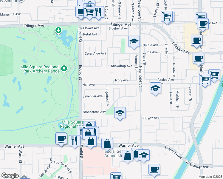 map of restaurants, bars, coffee shops, grocery stores, and more near 16550 Sugarloaf Street in Fountain Valley