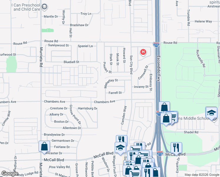 map of restaurants, bars, coffee shops, grocery stores, and more near 26555 Jaelene Street in Menifee