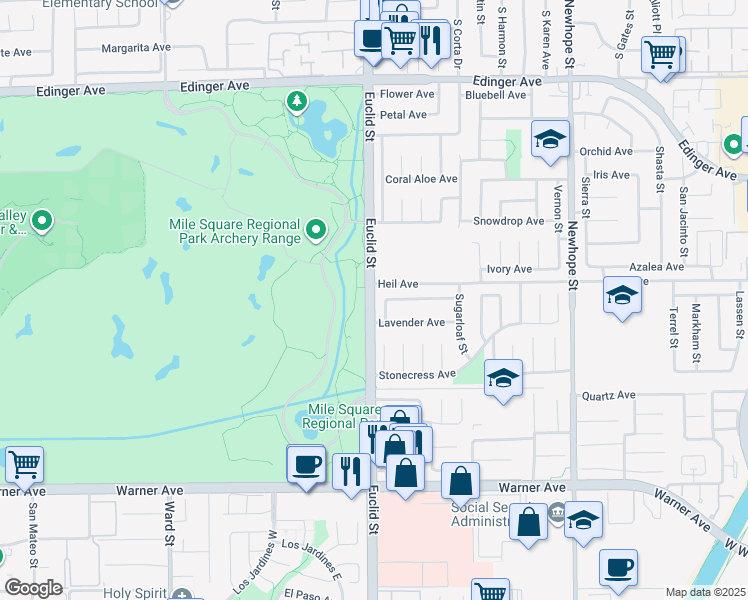 map of restaurants, bars, coffee shops, grocery stores, and more near 2 Euclid Street in Fountain Valley