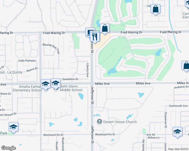 map of restaurants, bars, coffee shops, grocery stores, and more near 44115 Royal Troon Drive in Indio
