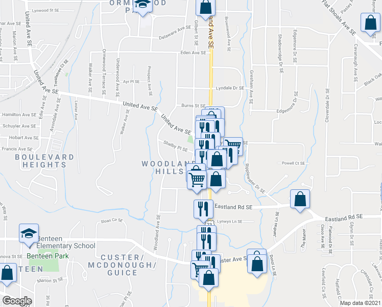 map of restaurants, bars, coffee shops, grocery stores, and more near 1121 Shelby Place Southeast in Atlanta